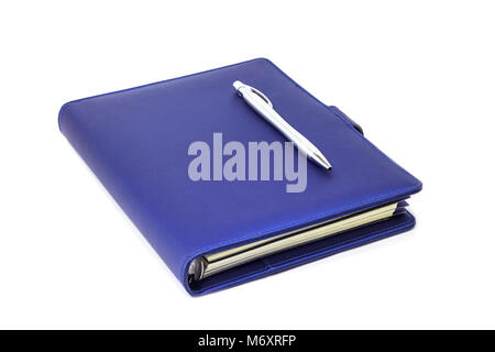 Blue collar diary and pen placed on cover and white background. Stock Photo