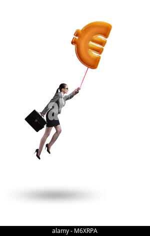 Businesswoman flying on euro sign inflatable balloon Stock Photo - Alamy