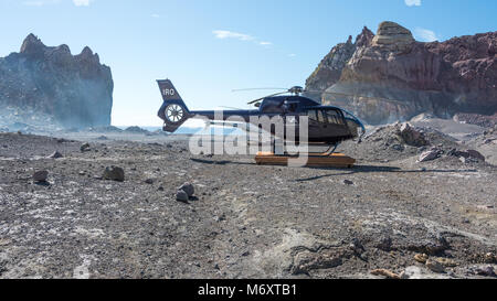 Helicopter in White Island Volcano Crater, Bay of Plenty, New Zealand Stock Photo