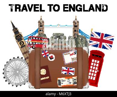 travel to England suitcase bag with england landmark Stock Vector