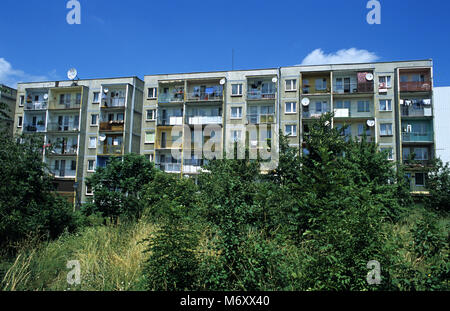 Soviet era residential housing block in the town of Tarnowskie Gory in the Silesia region of Poland Stock Photo