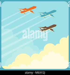 Illustration of airplanes flying in the sky over clouds Stock Vector
