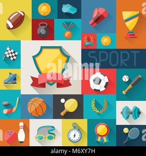 Background with sport icons in flat design style Stock Vector