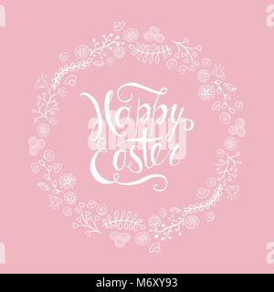 Template vector card with realistic decorated eggss. Handwritten inscription Happy Easter. Wood background. Lettering, calligraphy. Stock Vector