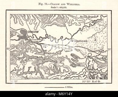 Kraków and Wieliczka. Krakow environs. Poland. Sketch map 1885 old antique Stock Photo