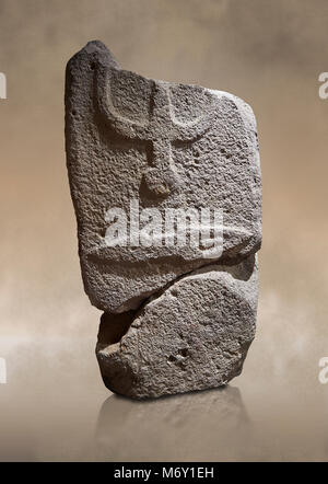 Central fragment of a Late European Neolithic prehistoric Menhir standing stone with carvings on its face side. The representation of a stylalised mal Stock Photo