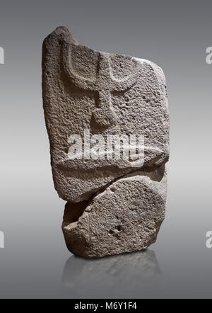 Central fragment of a Late European Neolithic prehistoric Menhir standing stone with carvings on its face side. The representation of a stylalised mal Stock Photo