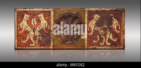 Gothic decorative painted beam panels with lions and a carved syalise tree, Tempera on wood. National Museum of Catalan Art (MNAC), Barcelona, Spain Stock Photo