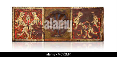 Gothic decorative painted beam panels with lions and a carved syalise tree, Tempera on wood. National Museum of Catalan Art (MNAC), Barcelona, Spain.  Stock Photo