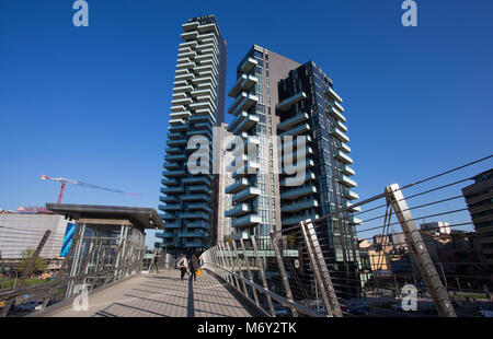 MILAN, ITALY MARCH 28, 2017 - View of Solaria, Solea and Aria Towers, inside 'Porta Nuova' Area in Milan, near Garibaldi train Station Stock Photo