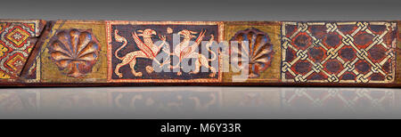 Gothic decorative painted beam panels with griffins and a carved syalise tree, Tempera on wood. National Museum of Catalan Art (MNAC), Barcelona, Spai Stock Photo