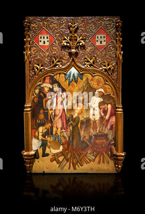 Gothic altarpiece tableau of the Archangel Gabriel  by Joan Mates of Vlafranca de Penedes, circa 1410-1430, tempera and gold leaf on for wood from the Stock Photo