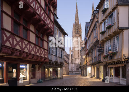 Cathedrale Saint Corentin and Rue Kereon at night in the Old Town, Quimper, Finisterre, Bretagne, France Stock Photo