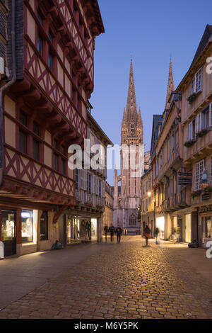 Cathedrale Saint Corentin and Rue Kereon at night in the Old Town, Quimper, Finisterre, Bretagne, France Stock Photo