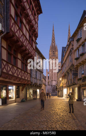 Cathedrale Saint Corentin and Rue Kereon at night in the Old Town, Quimper, Finisterre, Bretagne, France Stock Photo