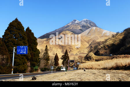 A scenic drive towards Mount Yufu- a dormant volcano in Oita prefecture, Kyushu, Japan. Stock Photo