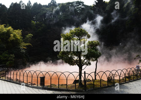 Chi-no-ike Jigoku ( Blood Pond) is the oldest Jigoku spring in Japan. Stock Photo
