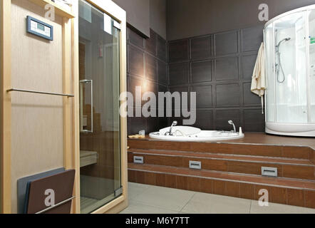 Modern bathroom interior with sauna and hydromassage bathtub Stock Photo