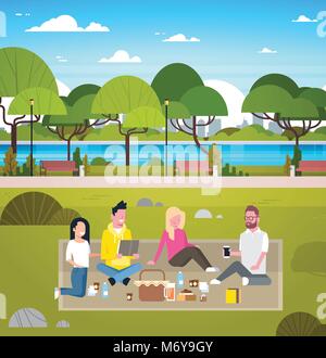 Young Group Of Friends Weekend Picnic In Park People Outdoors Sitting On Grass Relaxing Stock Vector