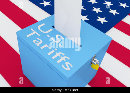 3D illustration of U.S. Tariffs script on a ballot box, with US flag as a background. Stock Photo