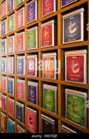 Vertical close up of rows of tea caddies at a tea shop in Colombo, Sri Lanka. Stock Photo