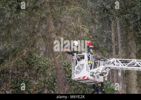 Karpacz, Poland -  February 2018 : Firefighters on the extendable crane  cutting branches of a tree for safety reasons after heavy snowfall Stock Photo