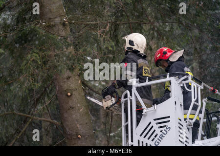Karpacz, Poland -  February 2018 : Firefighters on the extendable crane  cutting branches of a tree for safety reasons after heavy snowfall Stock Photo