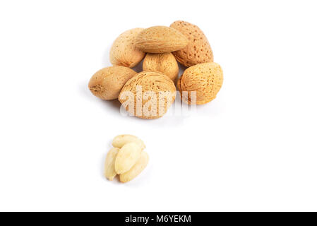 Almonds with and without shell on white Stock Photo