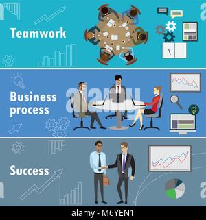flat banner set with teamwork, business process and success, stock vector illustration. Stock Vector