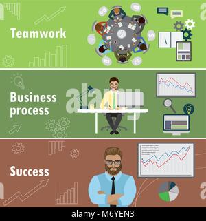 flat banner set with teamwork, business process and success, stock vector illustration. Stock Vector