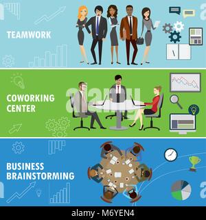 Set business banner. Teamwork,coworking and group brainstorming. Business people in different situations.Vector illustration. Stock Vector