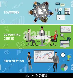 Set business banner. Teamwork,coworking and presentation. Business people in different situations.Vector illustration. Stock Vector
