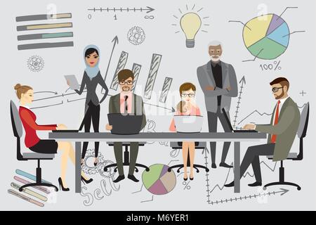 People working on computer flat style cartoon,coworking or teamwork illustration, hand drawn business elements and signs on background, stock vector Stock Vector