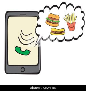 Vector doodle smartphone icon,fast food and food delivery,isolated on white, vector illustration Stock Vector