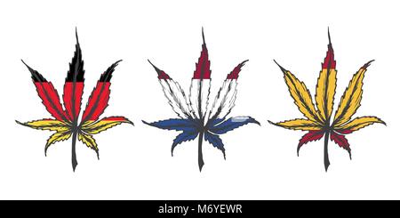 Cannabis (marijuana) leaf ,hand drawn set with flags,isolated on white ,stock vector illustration Stock Vector