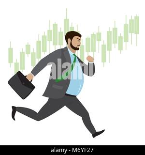 Fat Businessman running on the background Japanese candlesticks, finance concept, stock vector illustration Stock Vector