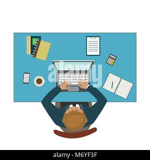 Office workplace. Businessman working with laptop and documents on table, top view. Isolated on white background. Flat design cartoon style.vector ill Stock Vector