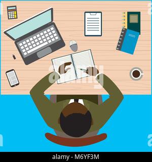 Office workplace. African american businessman working with laptop and documents on table, top view. Flat design cartoon style.Stock vector illustrati Stock Vector