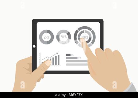 Businessman hands holding a tablet with financial chart and graph. Data and Financial analysis. Flat design cartoon style.Stock vector illustration is Stock Vector
