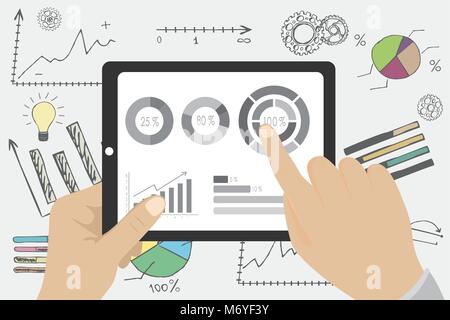 Businessman hands holding a tablet with financial chart and graph. Data and Financial analysis. Doodle hand drawn chart ans graphs on background. Flat Stock Vector