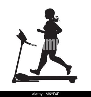 Obese woman running on treadmill, flat vector illustration