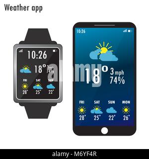 Smartphone and smart watch with weather app on the screen. Flat design template for mobile apps, isolated on white background,Vector illustration Stock Vector