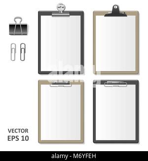 Set of Realistic clipboards with blank white paper sheet. Notepad information board Template for corporate identity. Black and brown wooden Clipboard. vector illustration Stock Vector
