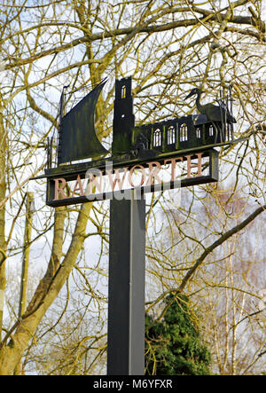 A view of the village sign on the Norfolk Broads at Ranworth, Norfolk, England, United Kingdom, Europe. Stock Photo