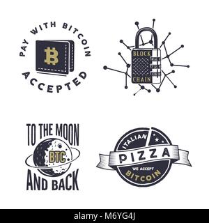 Blockchain, bitcoin, crypto currencies emblems and concepts set . Digital assets logos. Vintage hand drawn monochrome design. Technology badges. Stock vector illustration isolated on white. Stock Vector