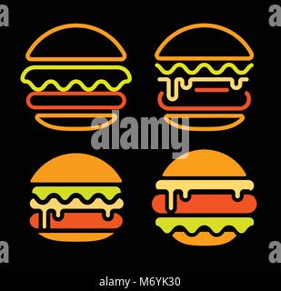 Burger abstract outline vector logo set template, fast food isolated neon line art stylized icon collection, unusual illustration on black background Stock Vector