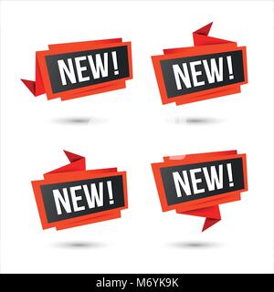 Red labels for new arrival, price, or location. Vector web icons, in paper Origami style, isolated on white. Stock Vector