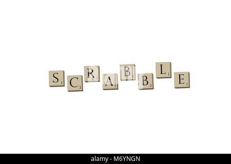 New Cumberland, PA, USA - March 3, 2018 :  Illustrative editorial of Scrabble game title spelled in alphabet tile pieces on white. Stock Photo