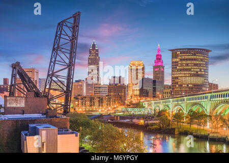 Cleveland, Ohio, USA city skyline over the Cuyahoga River. Stock Photo