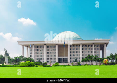 SEOUL, KOREA - AUGUST 14, 2015: Building of National Assembly Proceeding Hall - Capitol building of South Korean Republic, located on Yeouido island - Stock Photo